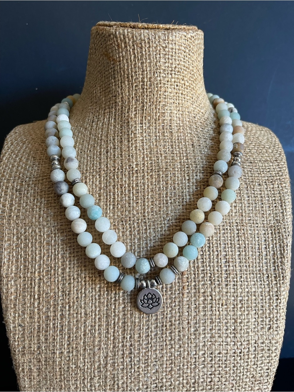 108 natural matte Amazonite stretch Necklace with Lotus Charm.